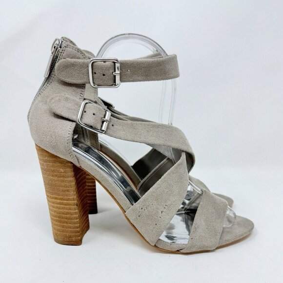 Carlos Santana Laura Grey Taupe Fabric Sandal Open Toe‎ Mule Stacked Block Heel - Picture 2 of 16
